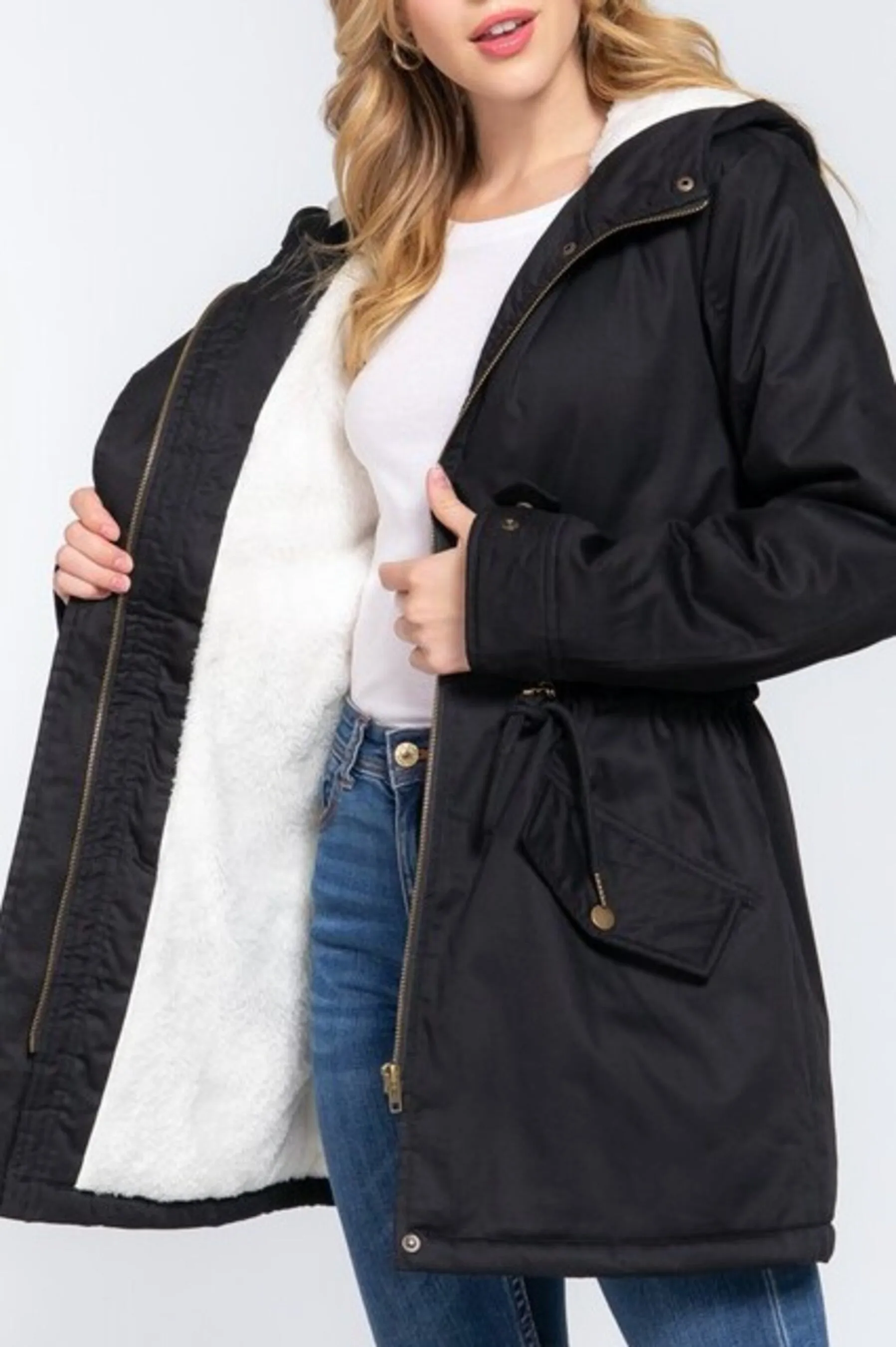 Women's Fleece lined plush fur hoodie utility jacket