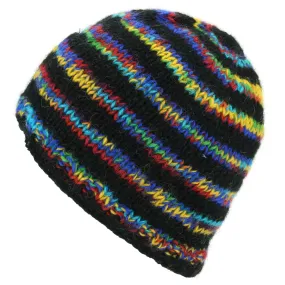 Wool Knit Beanie Hat - Stripe Black Rainbow SD