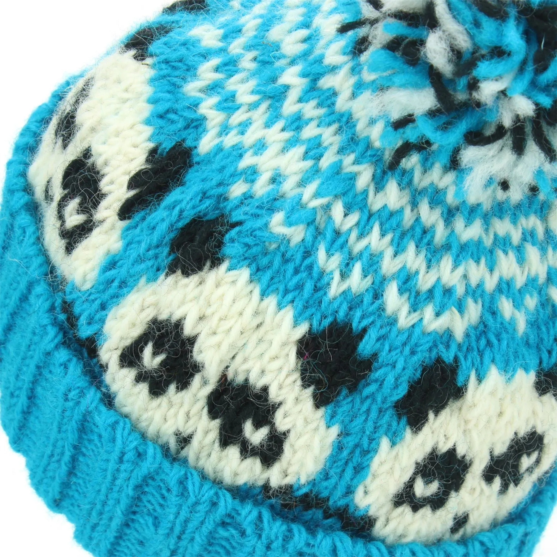 Wool Knit Bobble Beanie Hat - Panda - Blue White