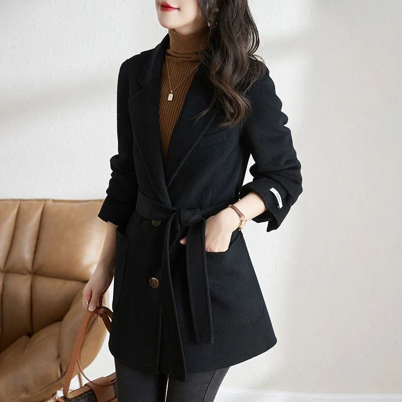 Woolen Tie-Up Wool Thigh-Length Car Coat