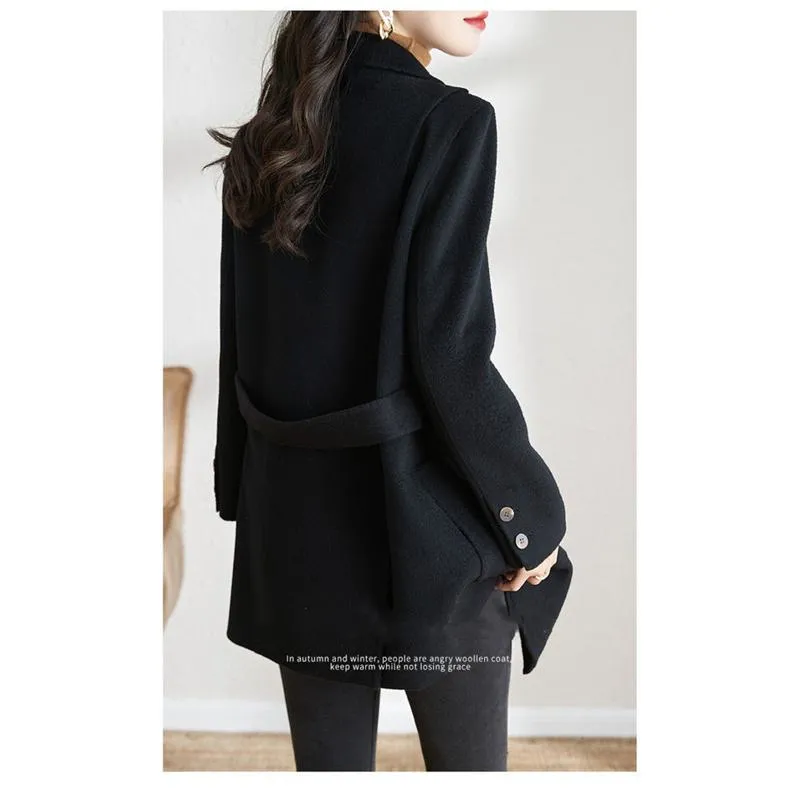 Woolen Tie-Up Wool Thigh-Length Car Coat