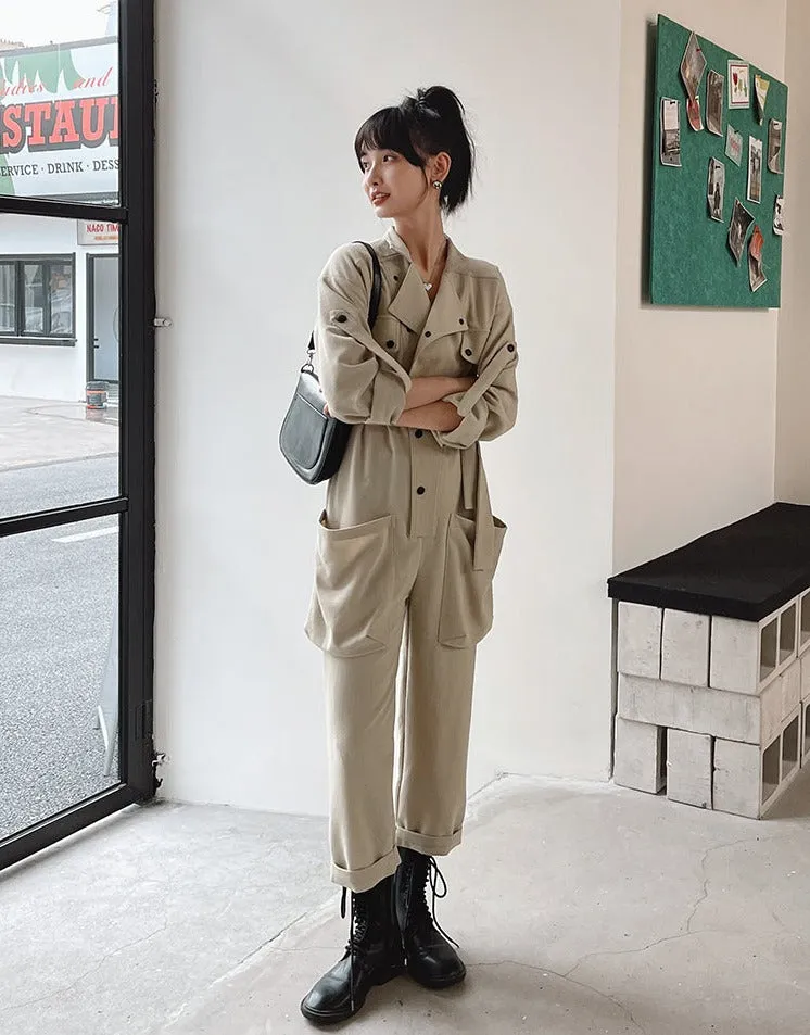 Xian Shu Fashion collar waist-skimming work jumpsuit female fall new temperament high waist straight nine-point jumpsuit tide